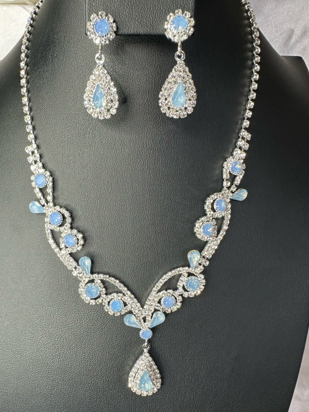 Ice Blue Crystal Necklace & Earrings Set Silver Tone | Bridal Prom Formal - Picture 3 of 15